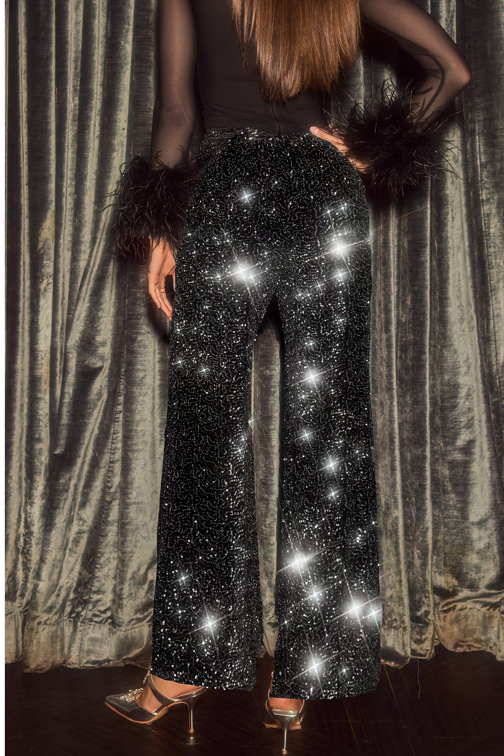 Plus Size Cocktail Party Black Sequin Pocket Pants