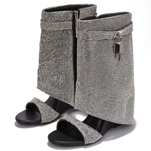 New Bling Diamante Rhinestone Fold-Over Sandal Booties Hidden Wedge Heel Padlock