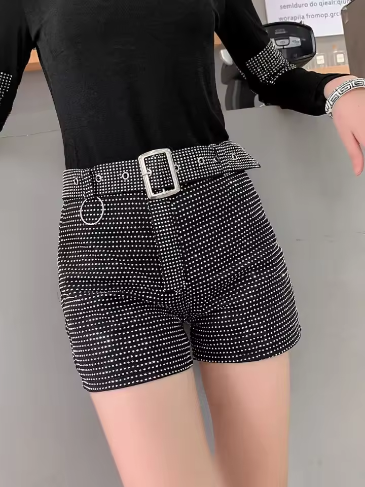 High Waist Rhinestone Belt Wide Leg Denim Shorts