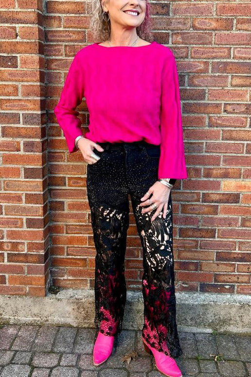 High Rise Wide Leg Lace Denim Jeans With Rhinestones