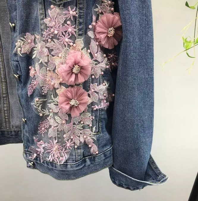 Womens Beads Flower Denim Jacket Fashion Lapel Collar Jeans Casual Outwear Coat