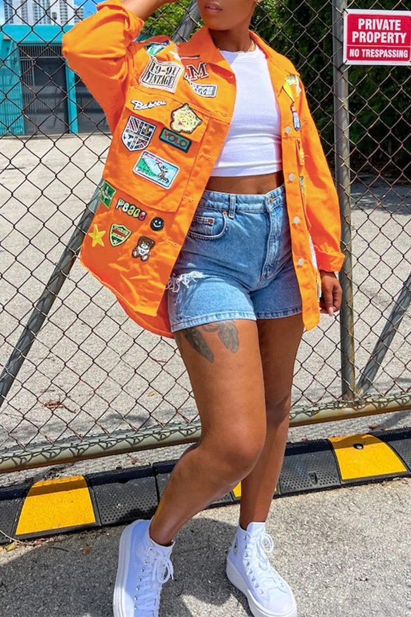 Womens Yellow Street Patchwork Turndown Collar Long Sleeve Denim Jacket