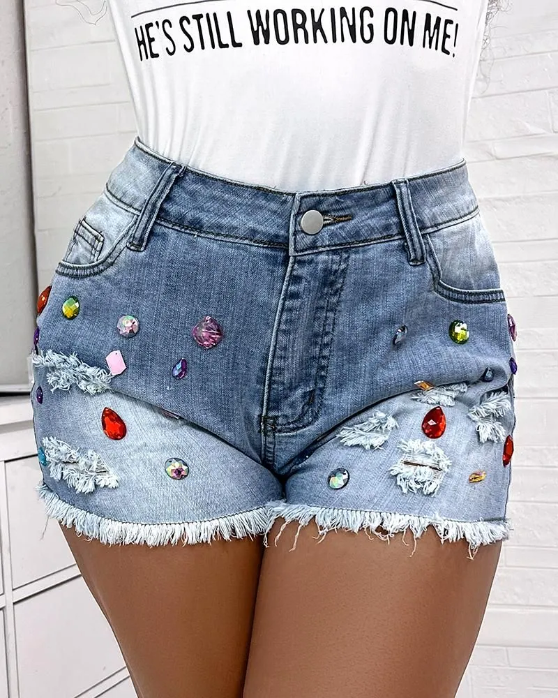 Premium Rhinestone Embellished Raw Hem Denim Shorts