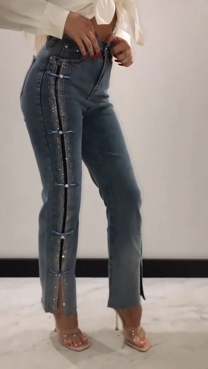 Diamond Patchwork Design Slit Slim Jeans