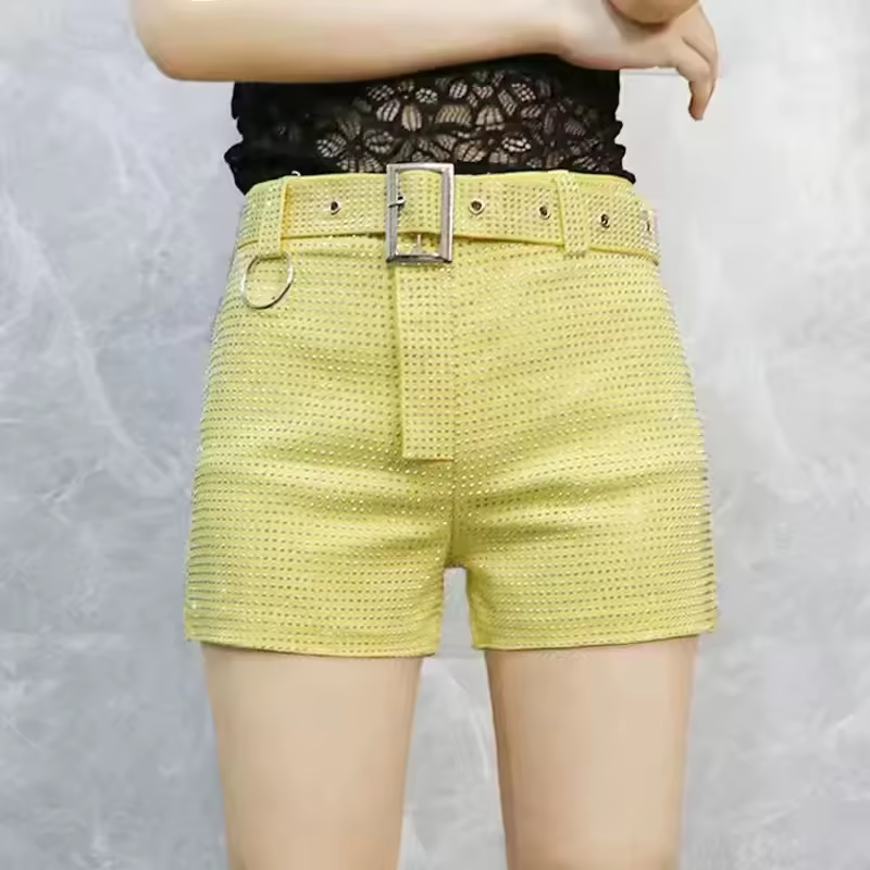 High Waist Rhinestone Belt Wide Leg Denim Shorts