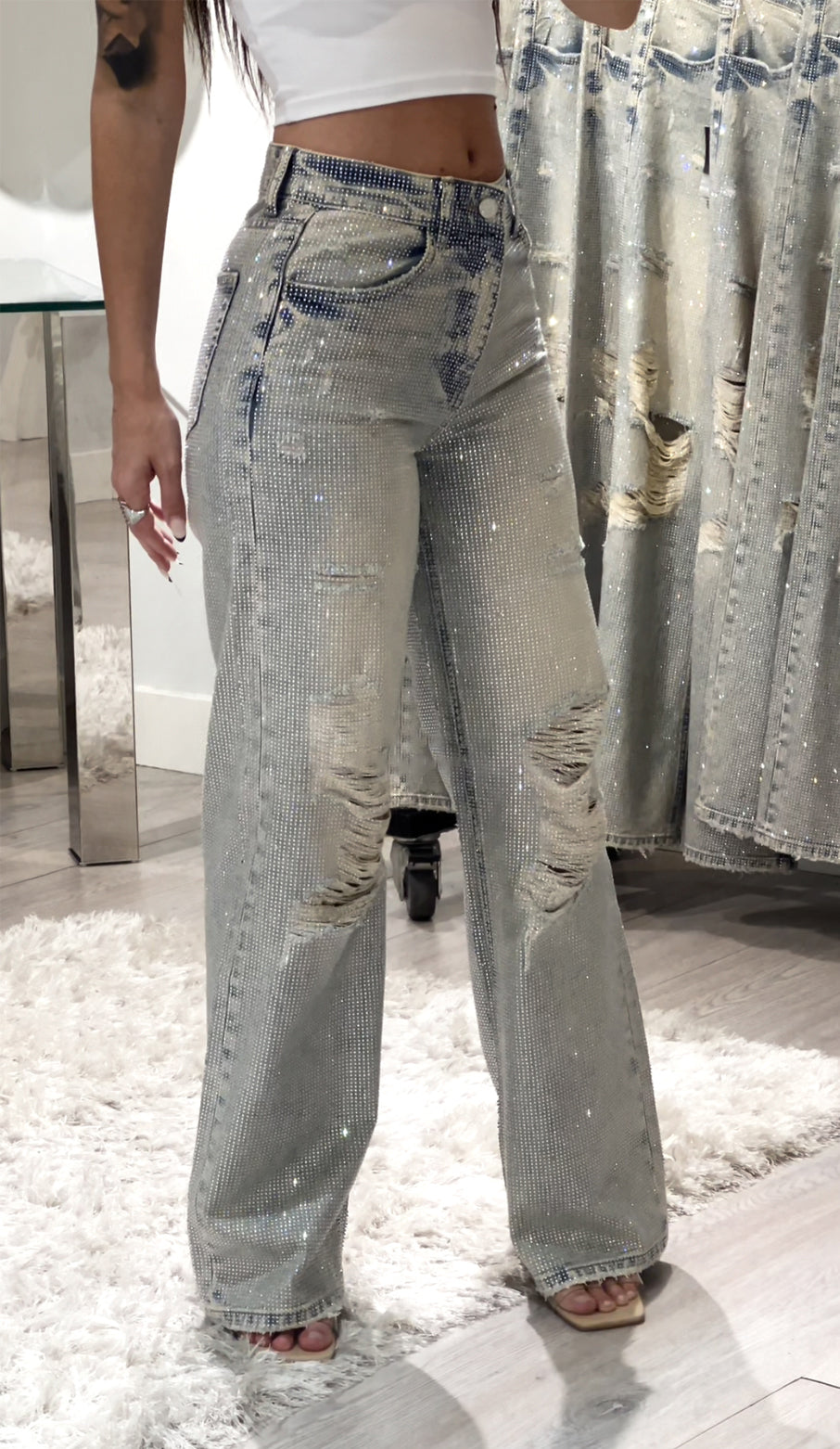 High Waisted Diamanté Ripped Hollow Jeans
