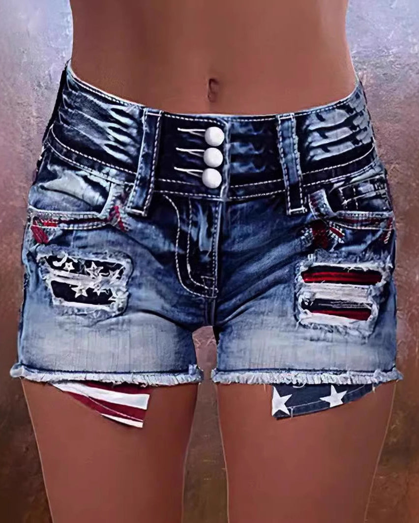 High Waist Flag Print Daisy Duke Ripped Denim Shorts