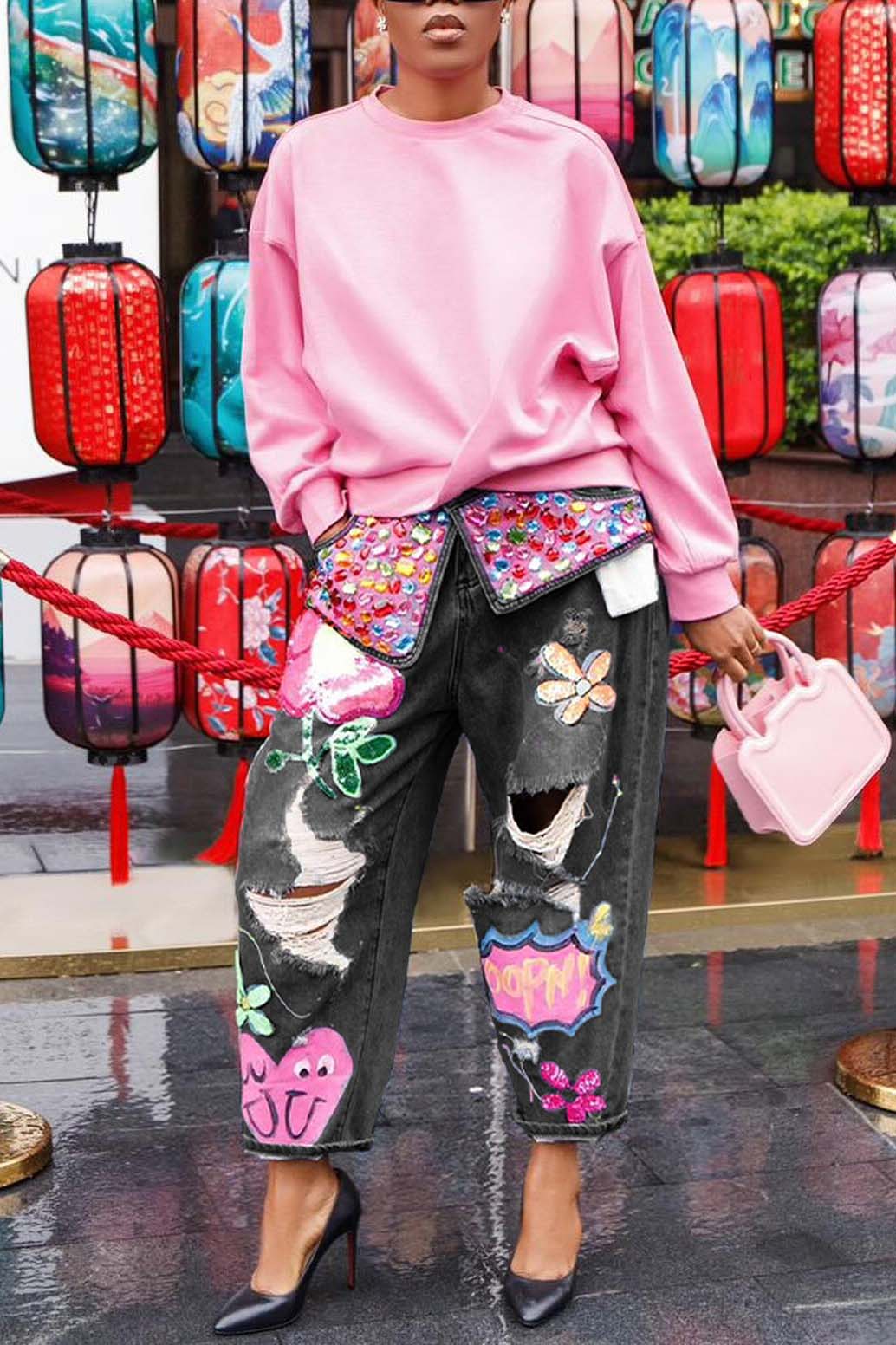 Women's Heavy-duty Rhinestone Printed Ripped Jeans