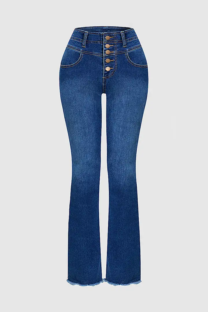 Button Fly Raw Hem Stitch Detail High Waist Bootcut Jeans