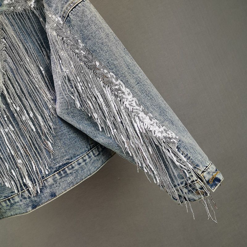 Jacket Woman Fringed Sequined Denim Jacket