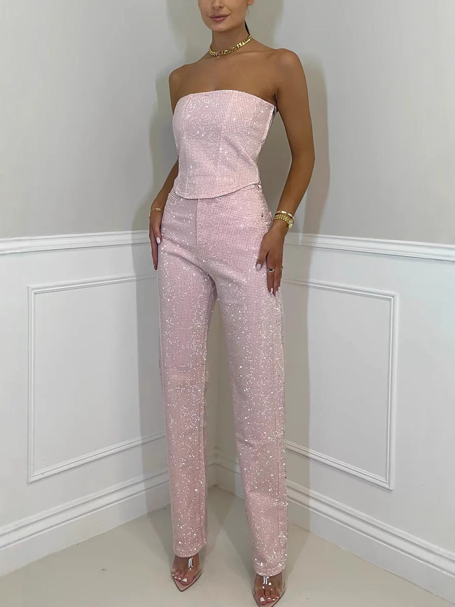 Light Blue Diamanté Wide Leg Denim Jumpsuit with Strapless Design