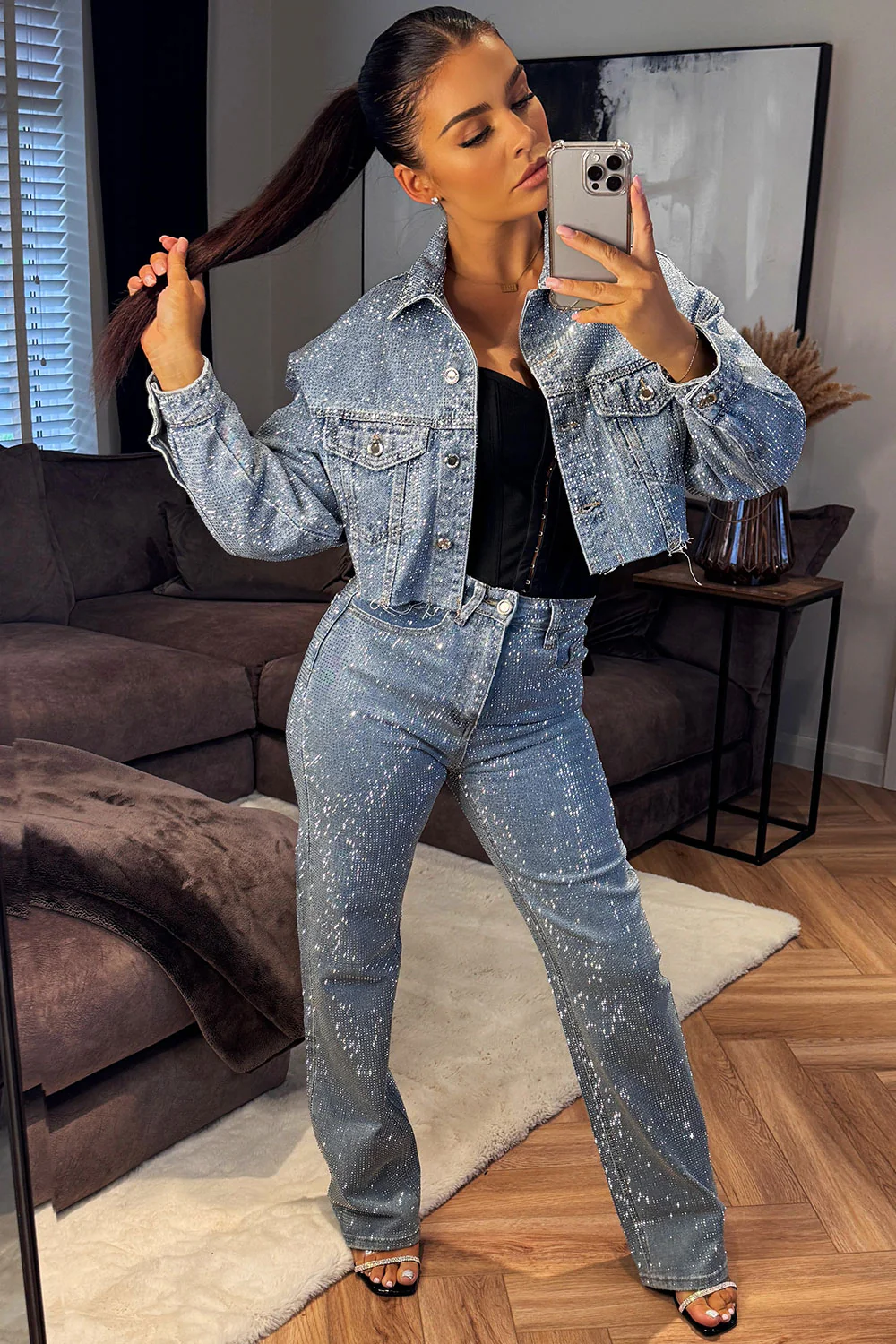 Pre-sale-Diamante Rhinestone Denim Blue Jacket