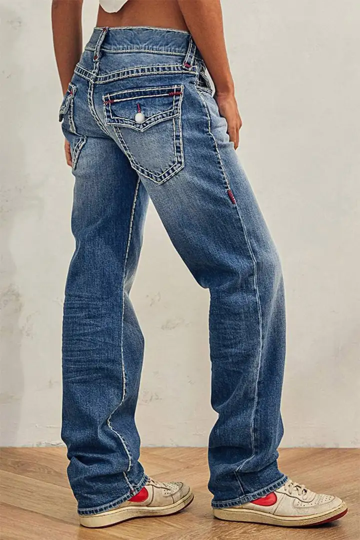 Washed Flap Pocket Low Rise Straight Leg Jeans