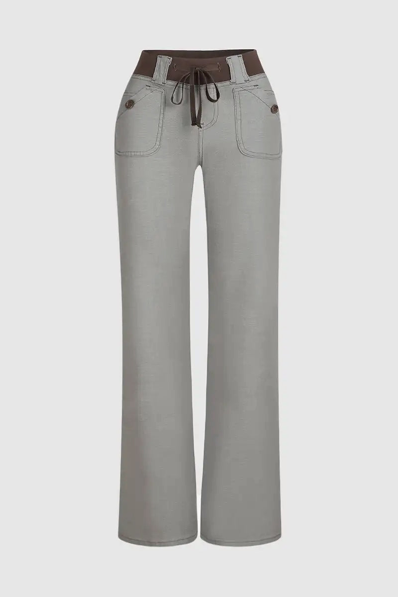 Button Detail Drawstring Low Rise Flare Pants