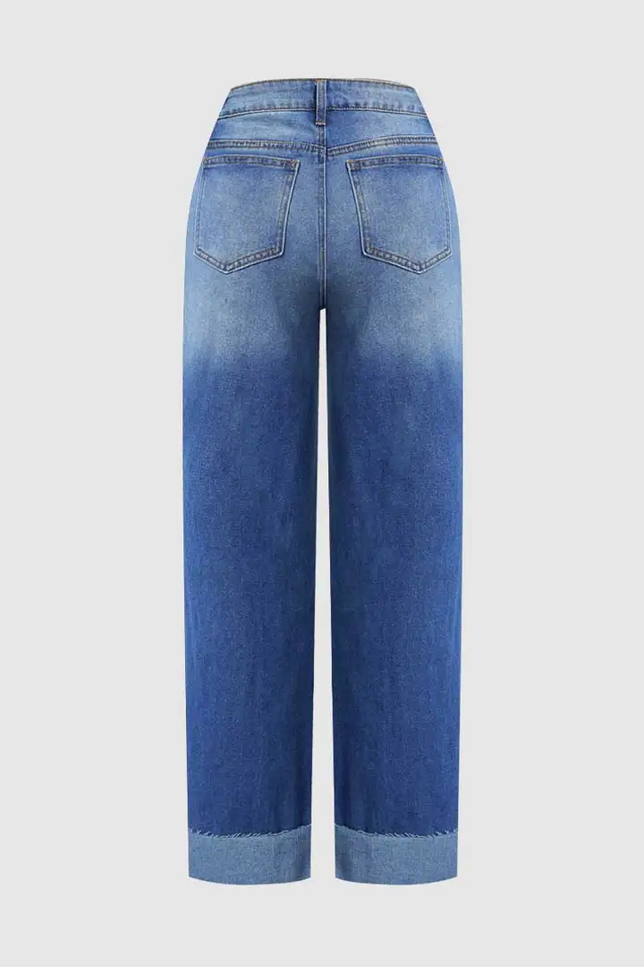 Cut Out Roll Hem Raw Hem Asymmetrical High Waist Straight Leg Jeans