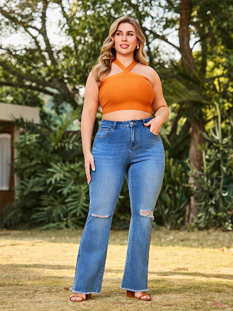 Ripped Raw Hem Flare Jeans for Women