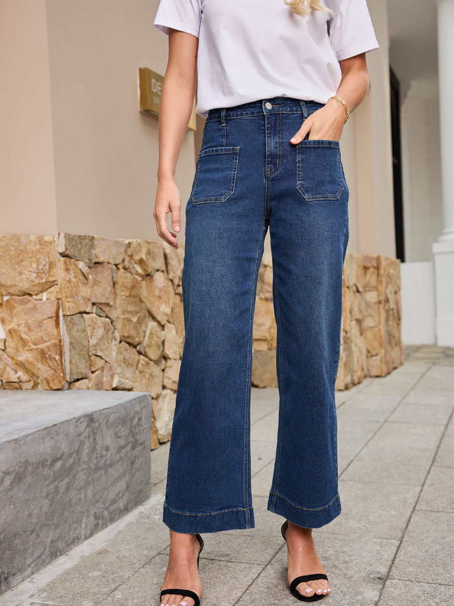 High Waist Patch Pocket Dark Blue Stretch Bell Bottom Jeans