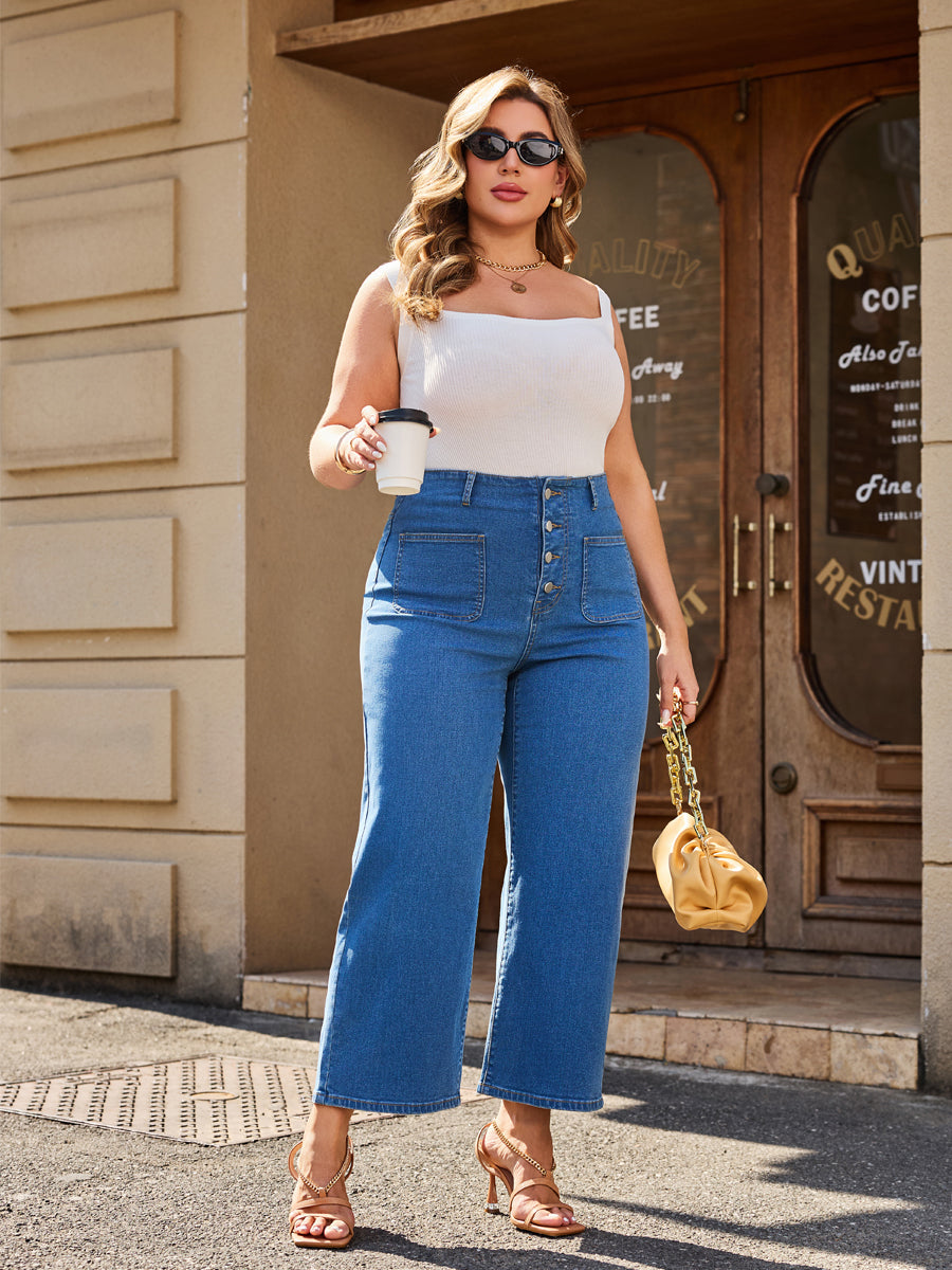 Loose Fit High Waist Stretch Dual Front Pockets Straight Leg Jeans