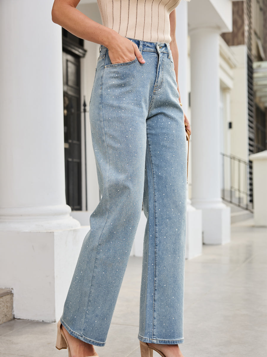 High Waisted Diamanté Straight Leg Jeans