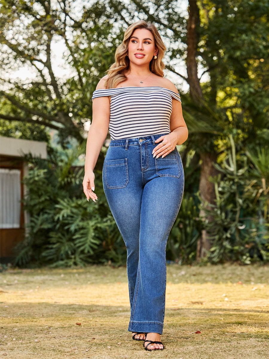 70s Retro High Waist Patch Pocket Stretch Flare Jeans