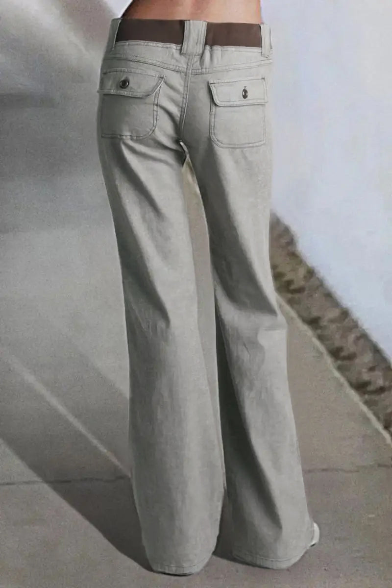 Button Detail Drawstring Low Rise Flare Pants