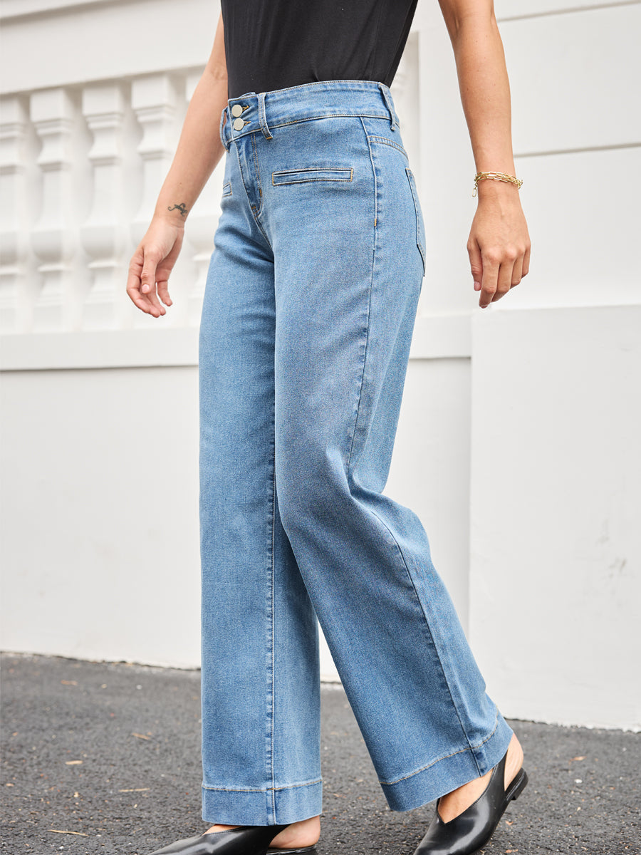 Tummy Control Double Button Closure Wide-Leg Jeans