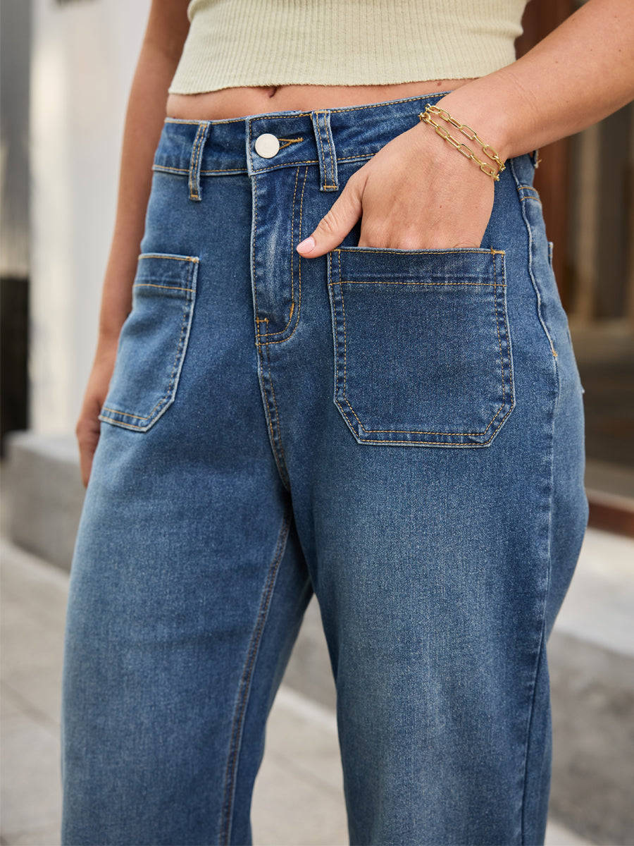 High Waist Patch Pocket Wide Leg Jeans for Women