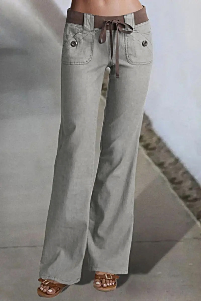 Button Detail Drawstring Low Rise Flare Pants