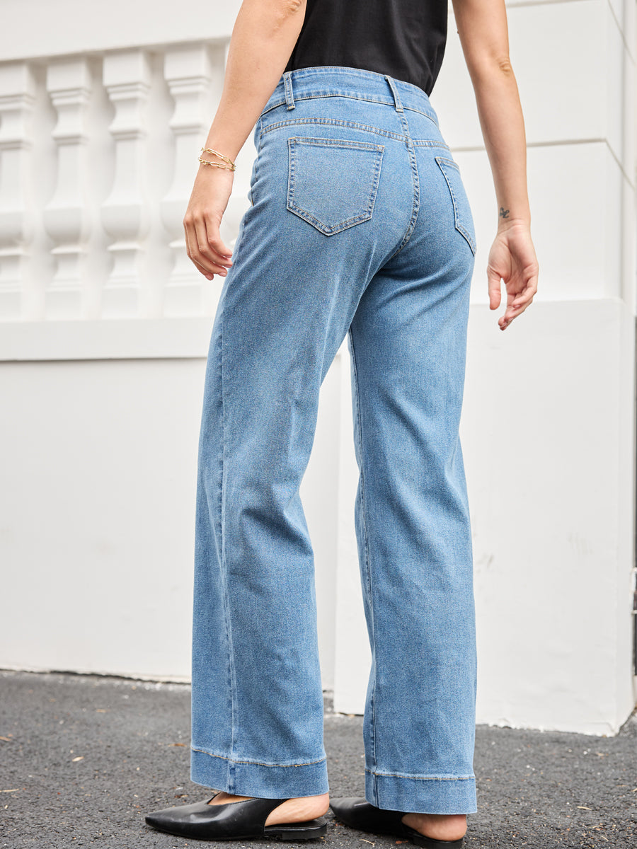 Tummy Control Double Button Closure Wide-Leg Jeans