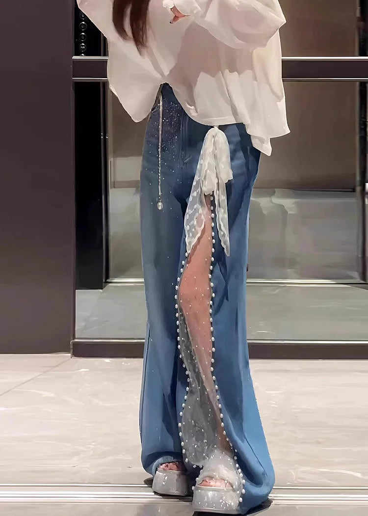 Lace Mesh Patchwork Baggy Jeans