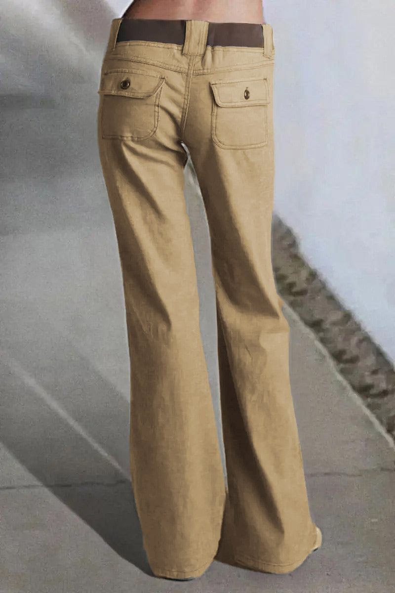 Button Detail Drawstring Low Rise Flare Pants