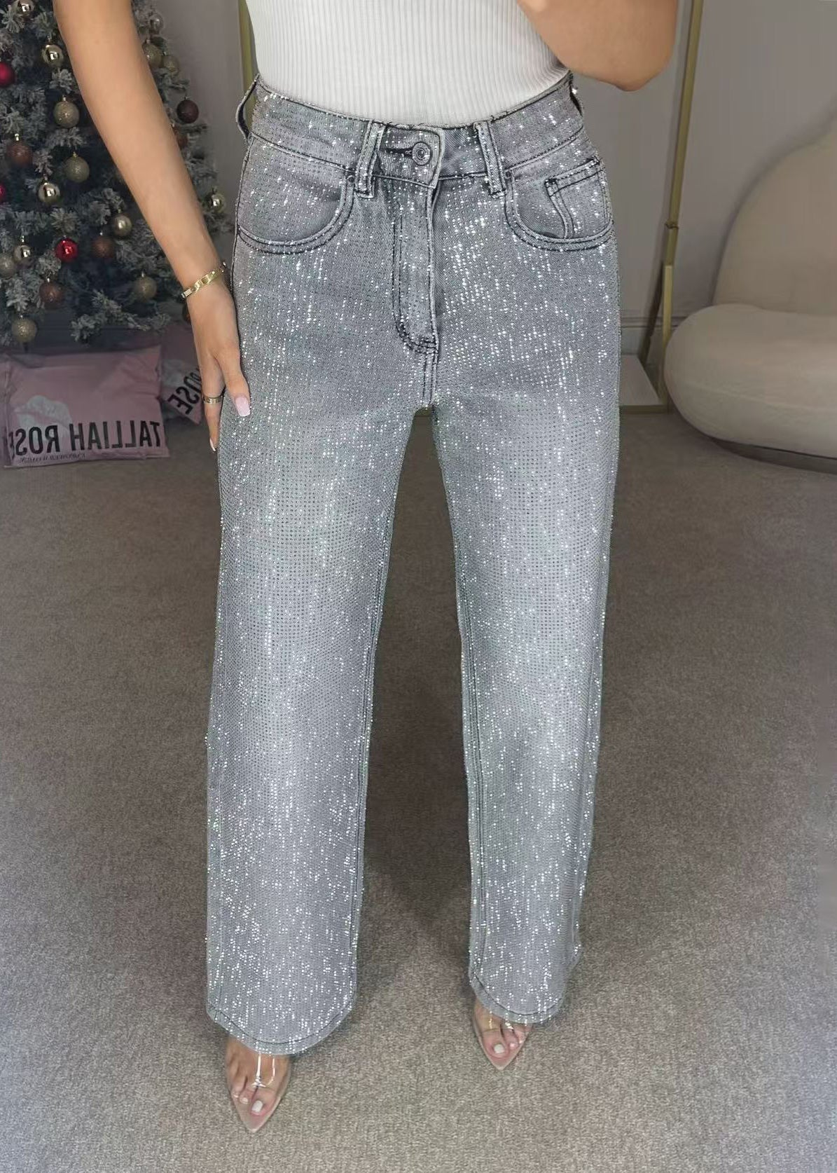 High Waisted Diamanté Straight Leg Jeans