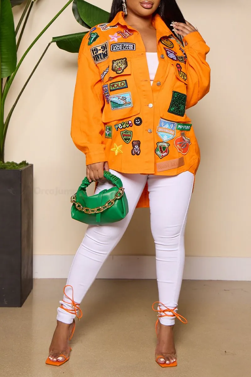 Womens Yellow Street Patchwork Turndown Collar Long Sleeve Denim Jacket