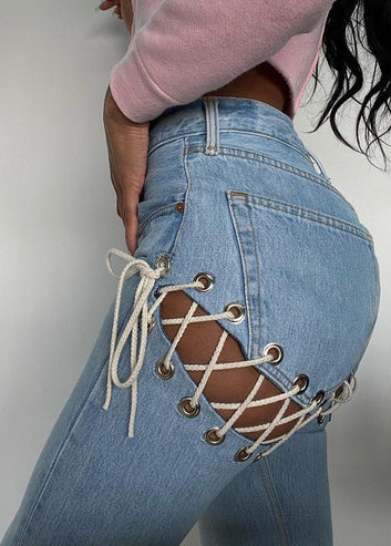 Ladies Denim Blue Lace-up Straight Trend Denim Tights