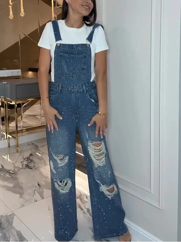 Ripped Diamanté Denim Overalls