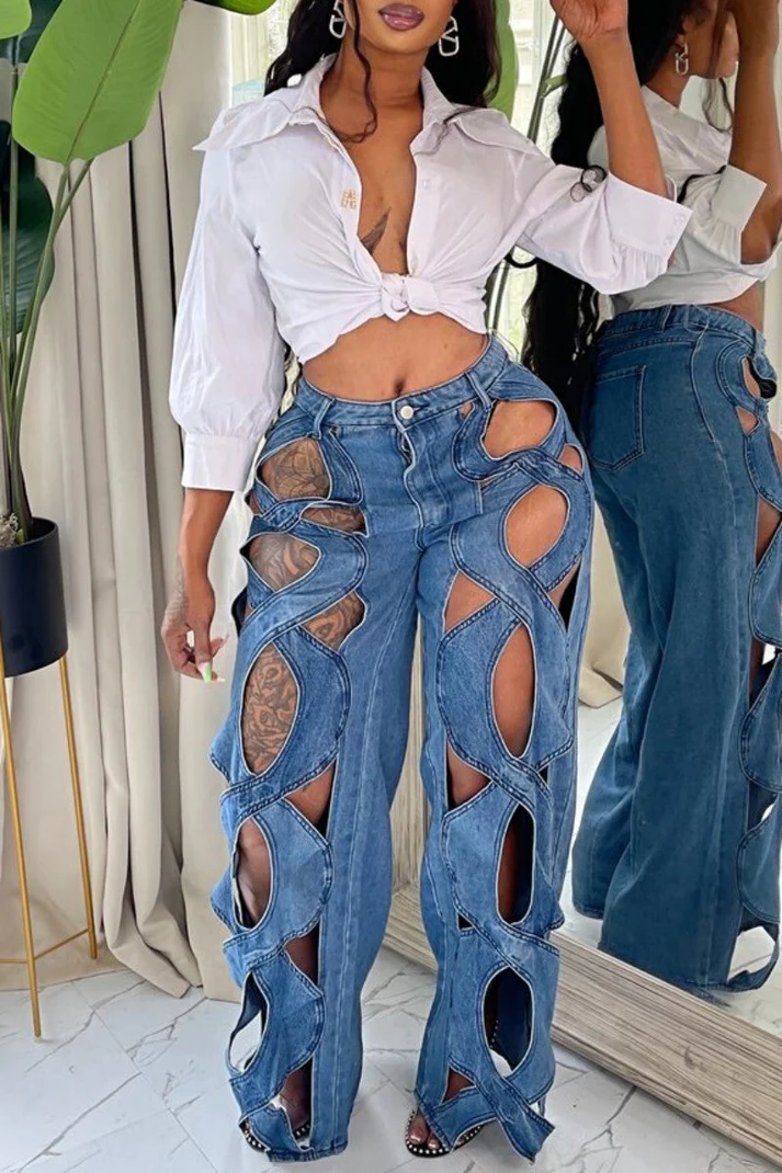 Solid Hollowed Out Patchwork High Waist Regular Denim Jeans