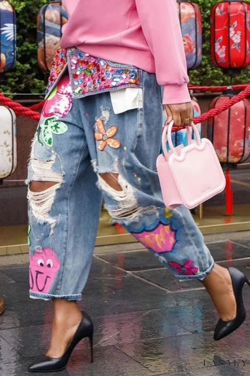 Women's Heavy-duty Rhinestone Printed Ripped Jeans