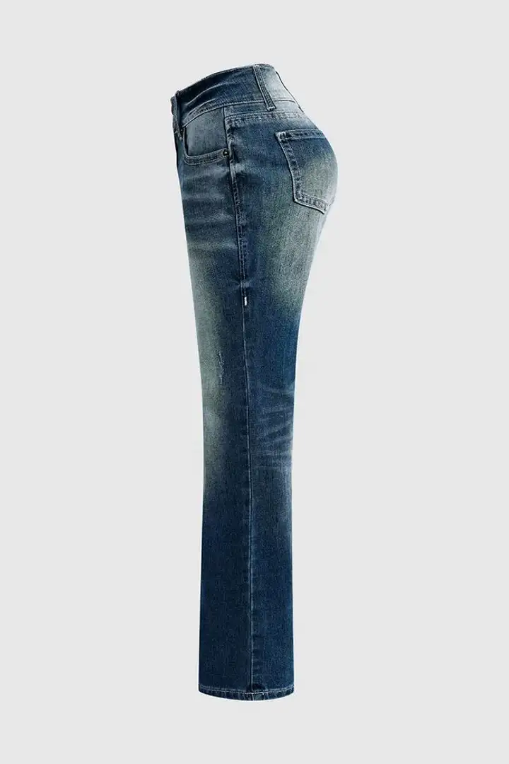 Wash Stretchy Double Button Mid Waist Bootcut Jeans