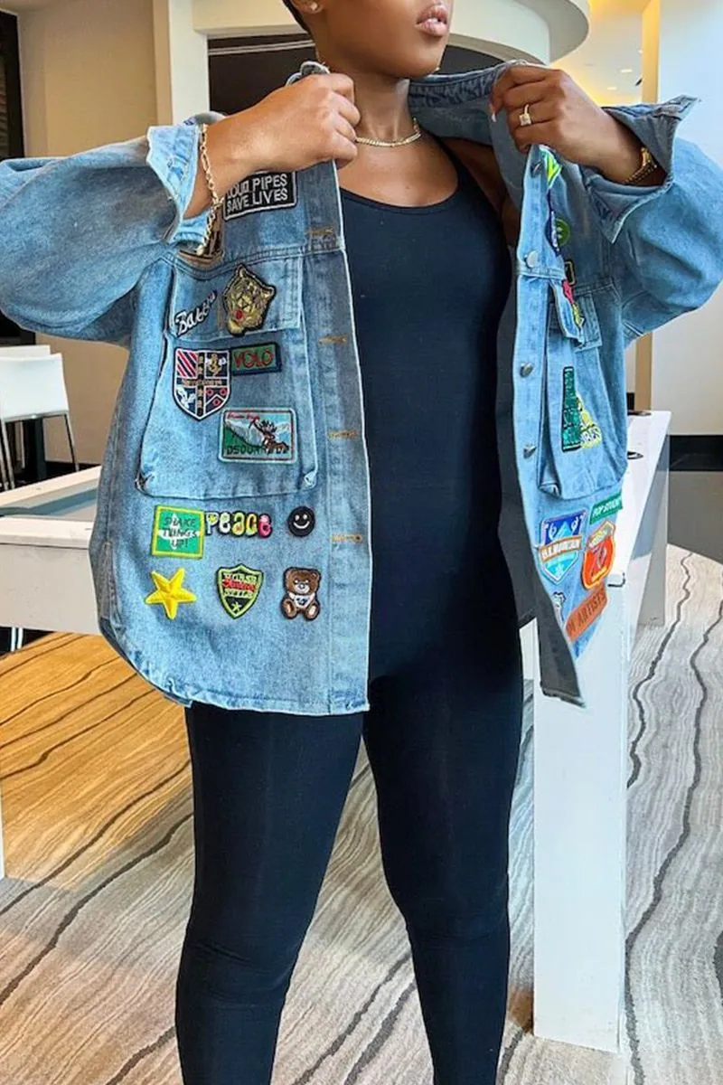 Womens Yellow Street Patchwork Turndown Collar Long Sleeve Denim Jacket