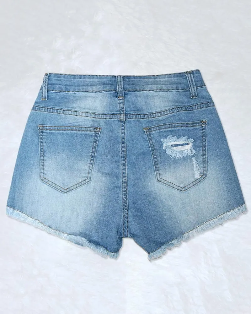 Premium Rhinestone Embellished Raw Hem Denim Shorts