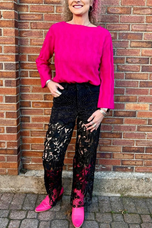 High Rise Wide Leg Lace Denim Jeans With Rhinestones