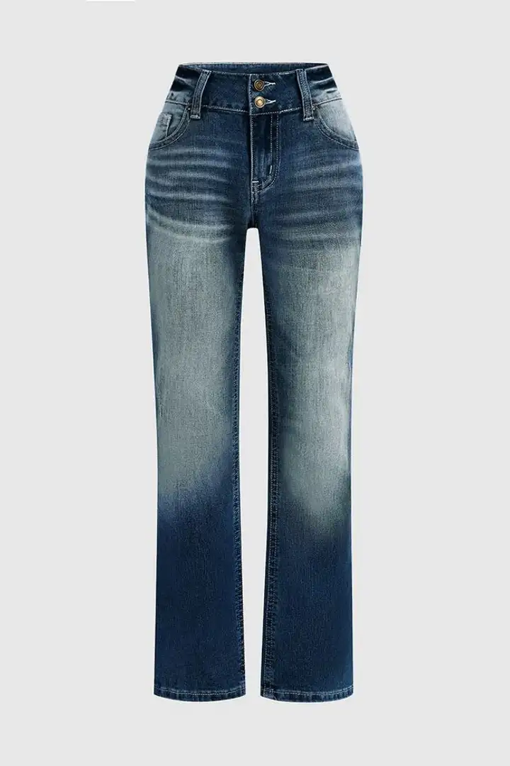 Wash Stretchy Double Button Mid Waist Bootcut Jeans