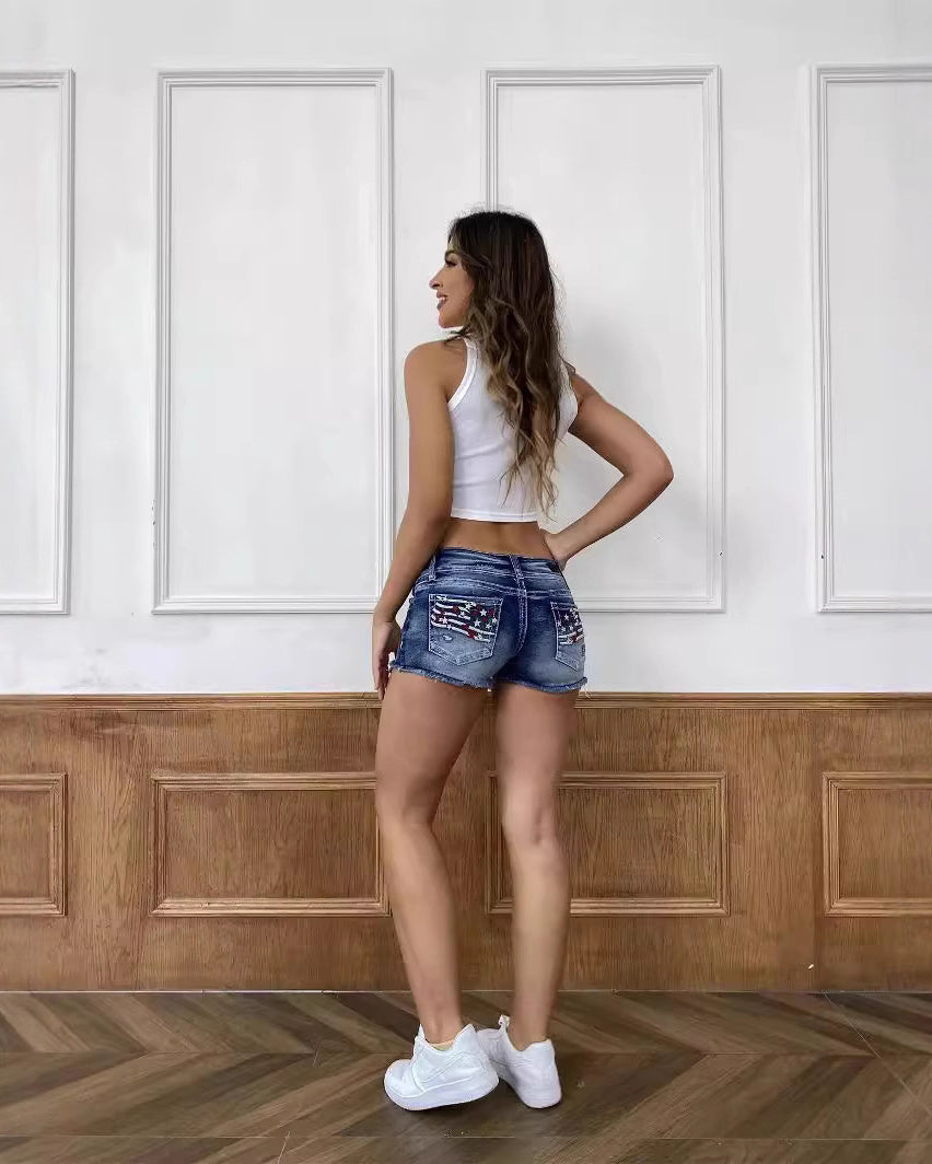 High Waist Flag Print Daisy Duke Ripped Denim Shorts