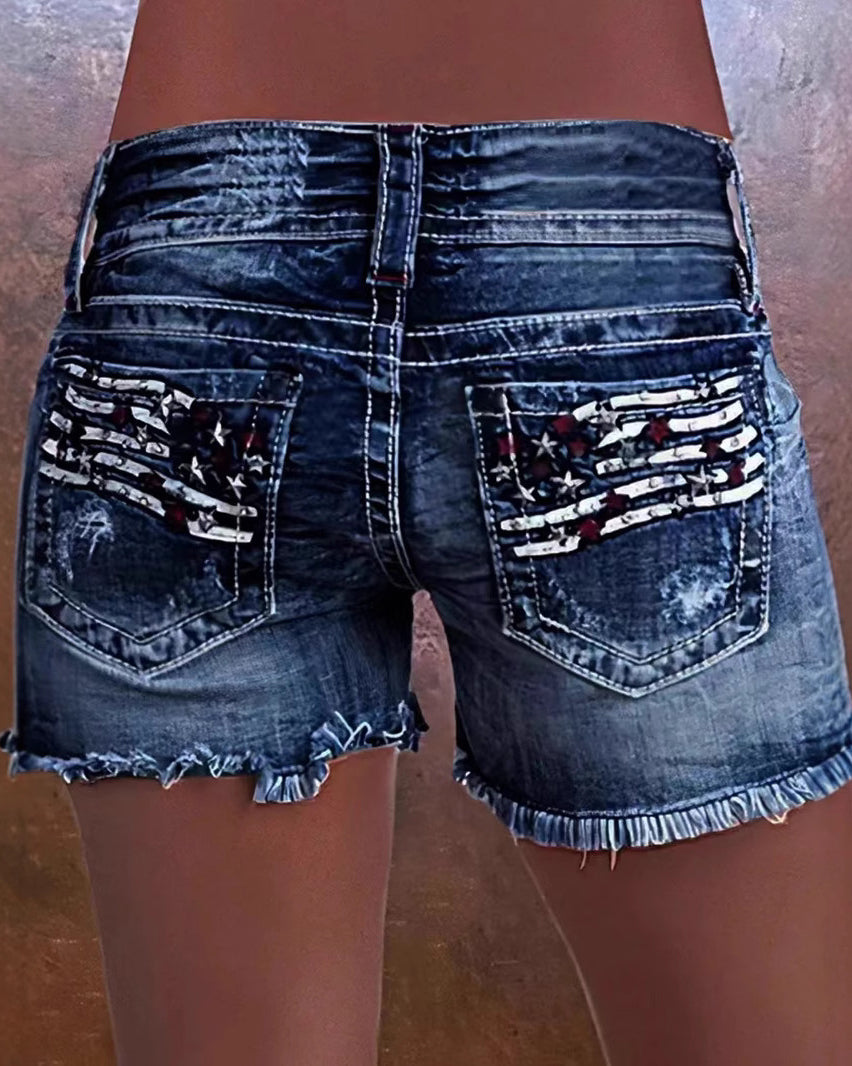 High Waist Flag Print Daisy Duke Ripped Denim Shorts