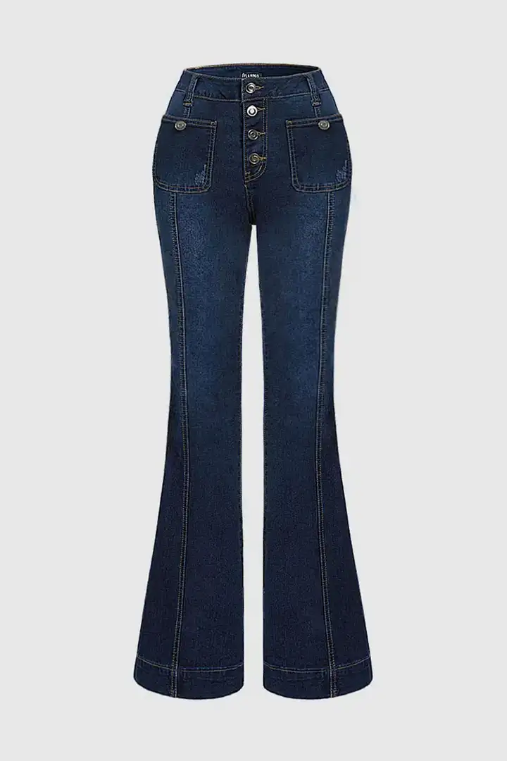 Wash Button Fly Seam Front High Rise Flare Jeans