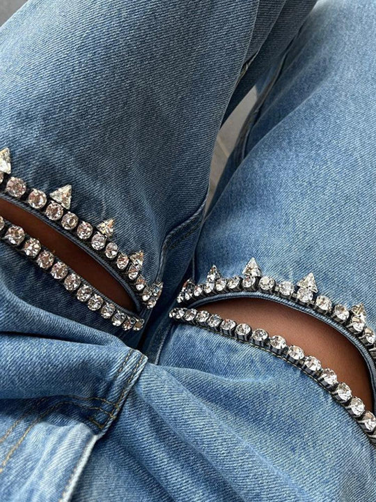 High Waisted Embellished Cut-Out Jeans