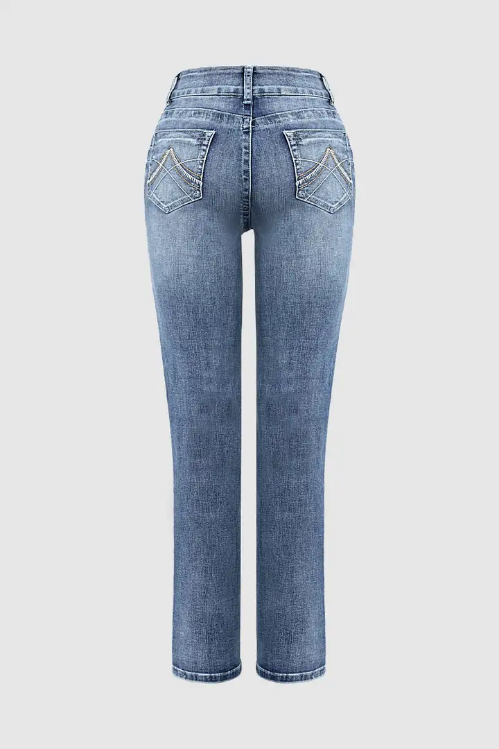Stitch Detail Dual Button Mid Waist Straight Leg Jeans