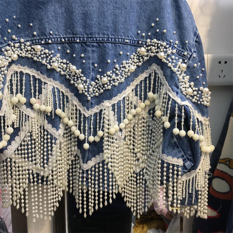 Women's Pearl Fringe Jean Jacket Laple Short Denim Coat