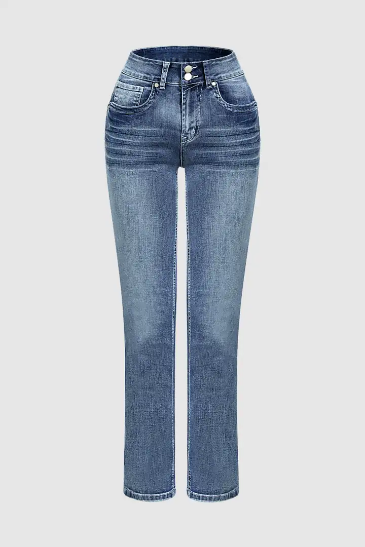 Stitch Detail Dual Button Mid Waist Straight Leg Jeans