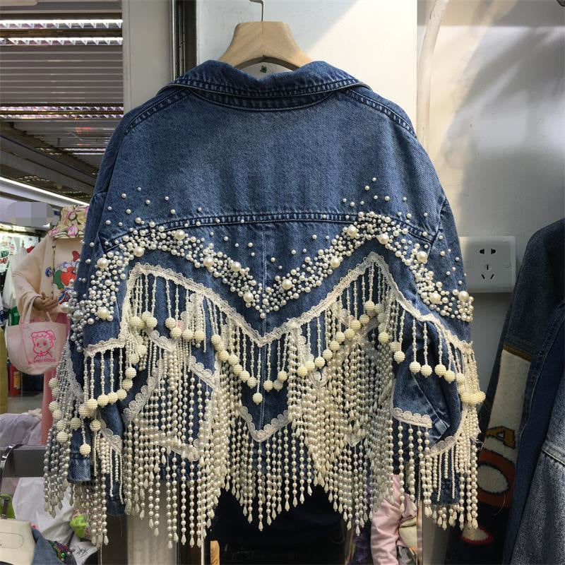 Women's Pearl Fringe Jean Jacket Laple Short Denim Coat